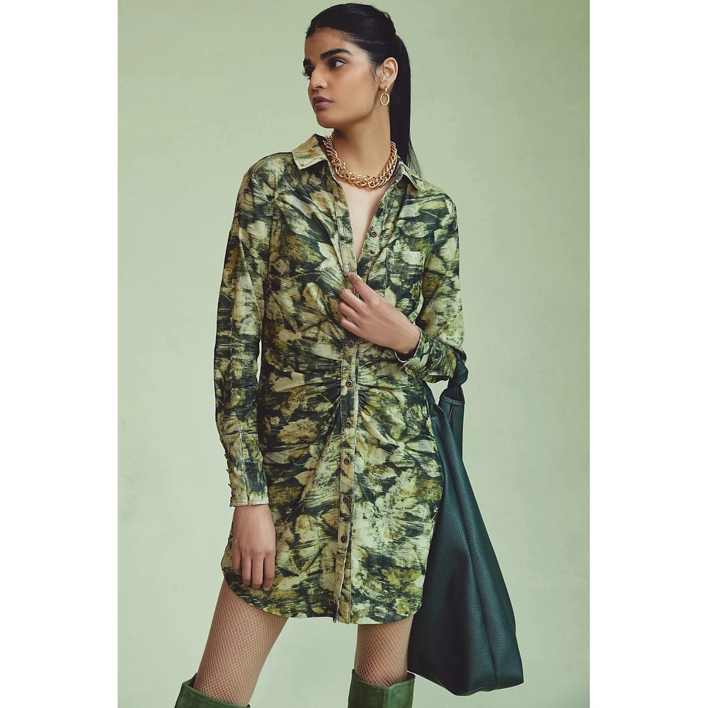 Anthropologie‎ Pilcro Ruched Corduroy Green Printed Mini Shirt Dress Size 0